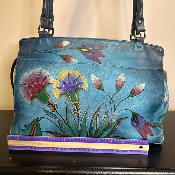 Anuschka Hand Painted Leather Teal Floral Tote Shoulder Handbag Purse - Picture 11 of 16